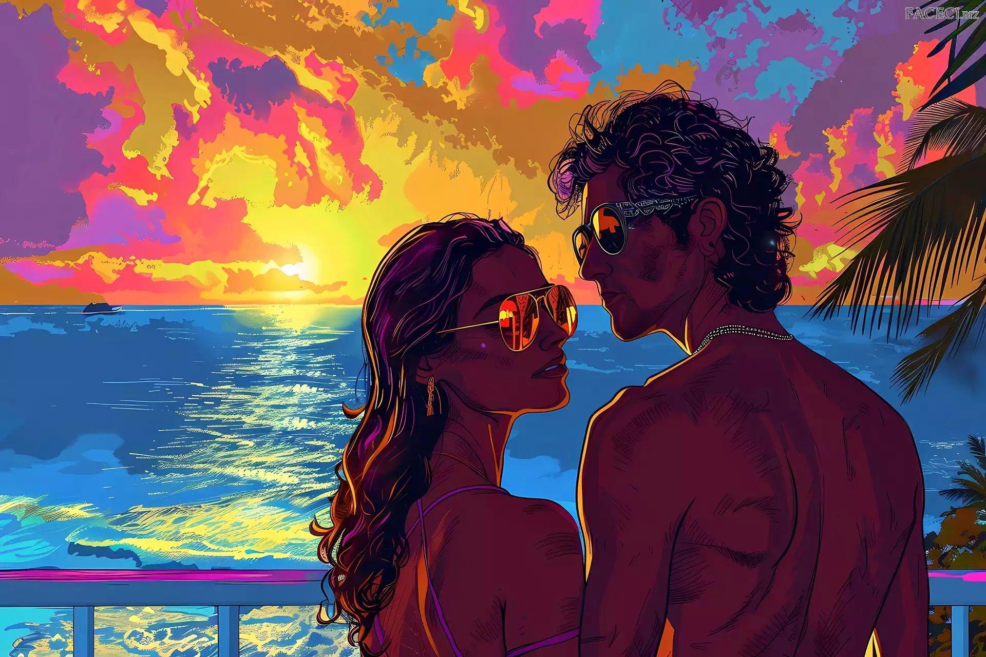 Zachód słońca, Morze, Grafika AI, Kobieta, Mężczyzna